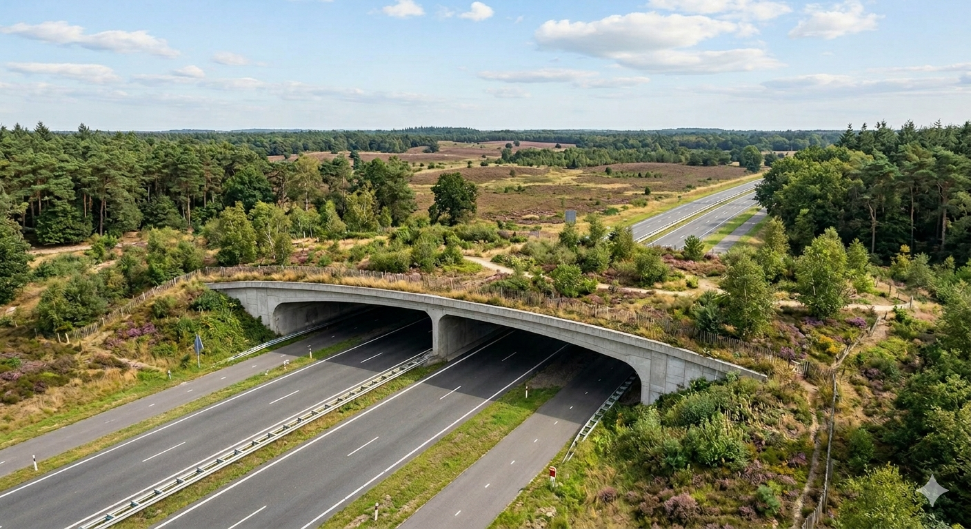 Ecoduct over een snelweg door heidelandschap