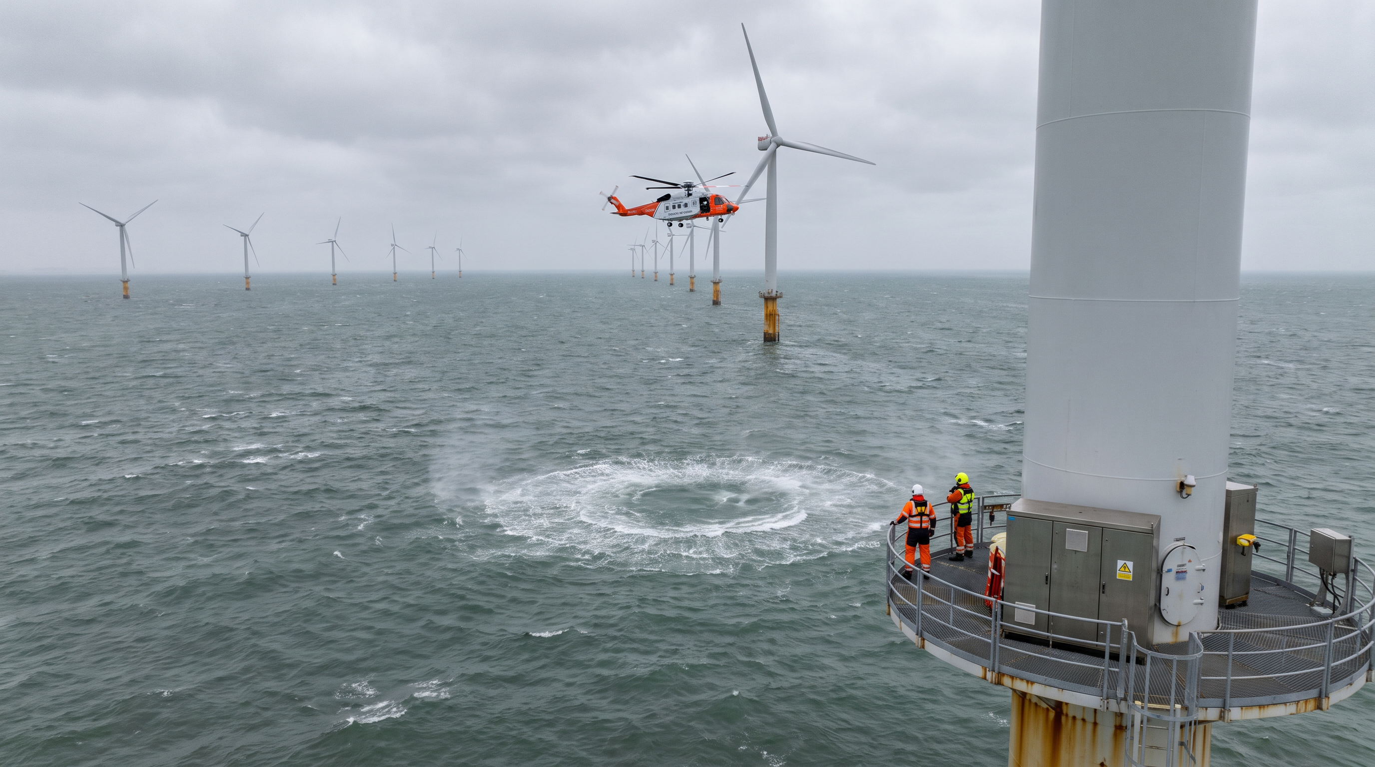 Fundatie van een offshore windturbine met ploeg op het platform